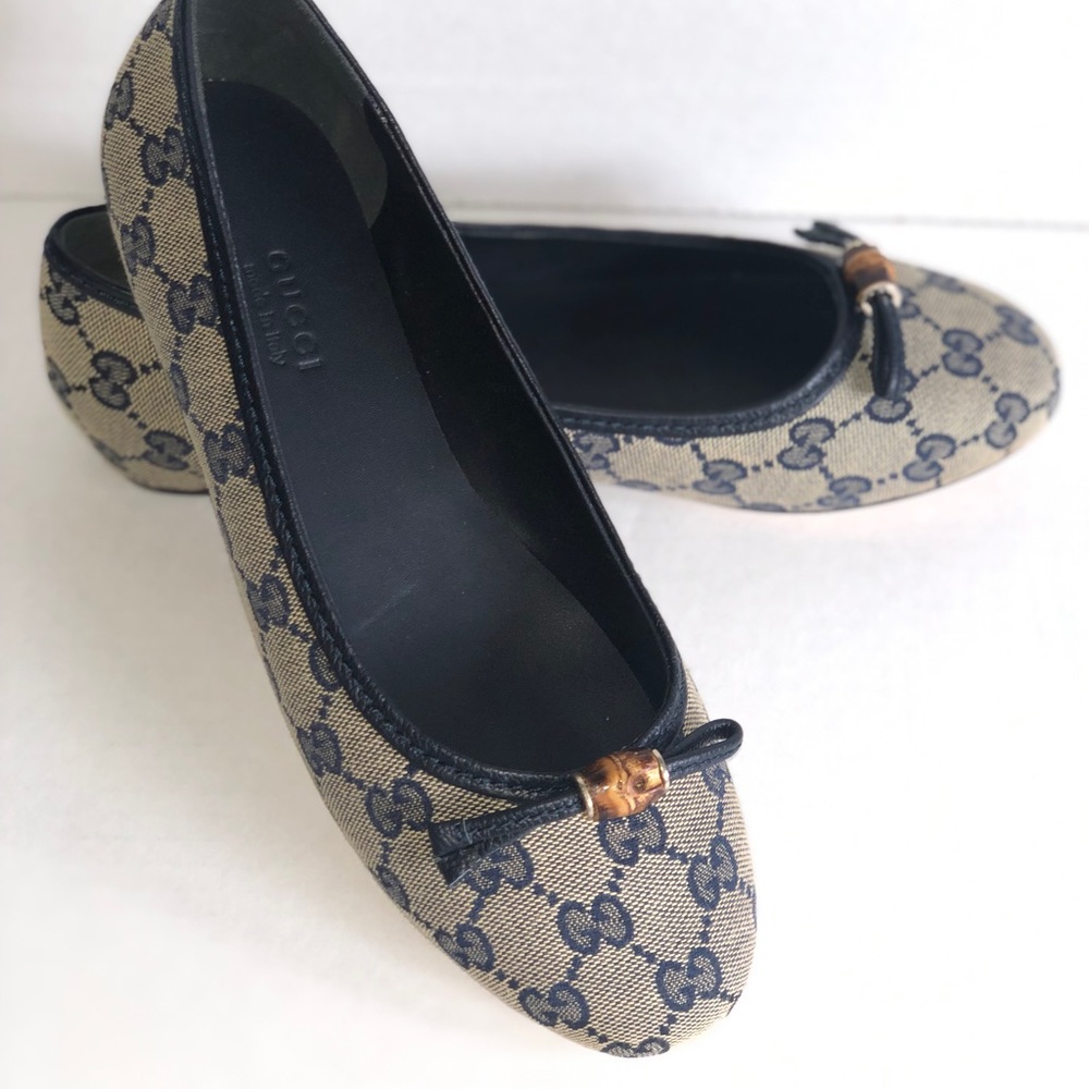 Gucci Bamboo and Bow GG Canvas/Leather Ballet Flats in Women